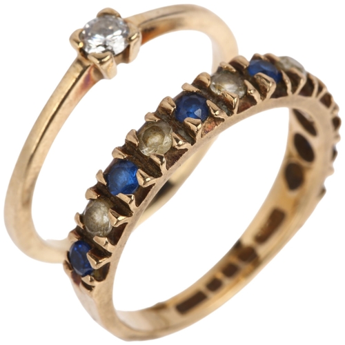 1367 - 2 x 9ct gold rings, comprising 0.1ct solitaire diamond ring, size K, and paste half eternity ring, s... 