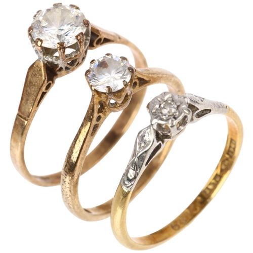 1368 - An 18ct gold solitaire diamond ring, and 2 x 9ct gold cubic zirconia rings, sizes L, M and O, 5.3g t... 