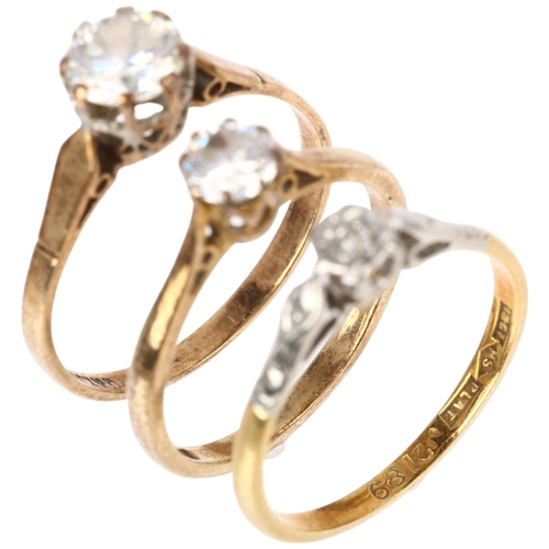 1368 - An 18ct gold solitaire diamond ring, and 2 x 9ct gold cubic zirconia rings, sizes L, M and O, 5.3g t... 