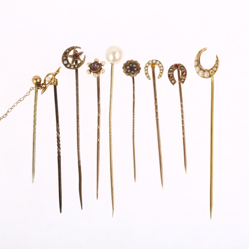 1370 - 9 Antique stickpins, including pearl and garnet, 9.6g total