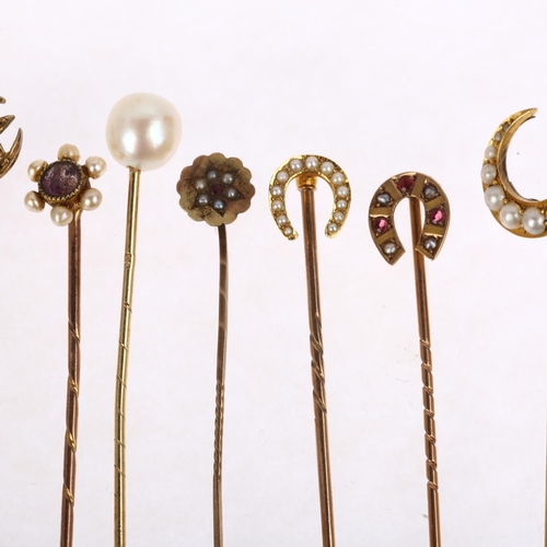 1370 - 9 Antique stickpins, including pearl and garnet, 9.6g total