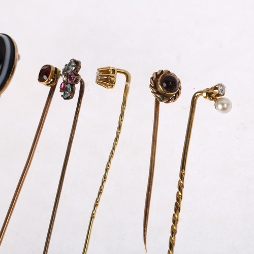 1371 - 6 Antique gem set stickpins, including diamond and banded agate, 7.9g total