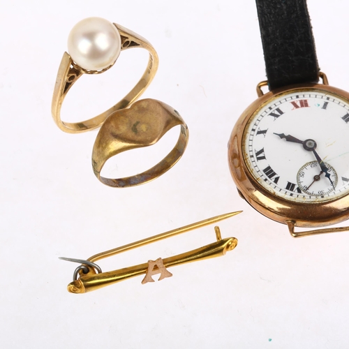 1372 - Various 9ct gold jewellery, including First World War Period Officer's style trench wristwatch, cult... 