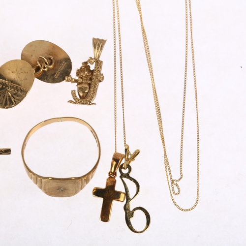 1373 - Various 9ct gold jewellery, including signet ring, size T, initial J pendant, etc, 6.9g total