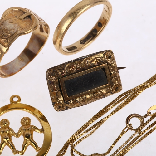 1374 - Various gold jewellery, mostly 9ct, including belt buckle ring, pendant, unmarked Georgian mourning ... 