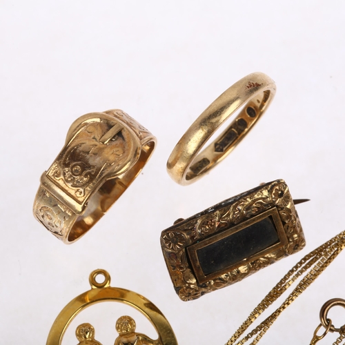 1374 - Various gold jewellery, mostly 9ct, including belt buckle ring, pendant, unmarked Georgian mourning ... 