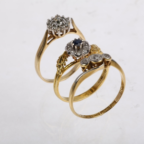 1376 - 3 gold diamond rings, comprising 2 x 18ct, sizes L and N, 4.3g, and 1 x 9ct, size L, 1.6g (3)