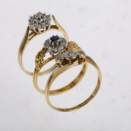 1376 - 3 gold diamond rings, comprising 2 x 18ct, sizes L and N, 4.3g, and 1 x 9ct, size L, 1.6g (3)