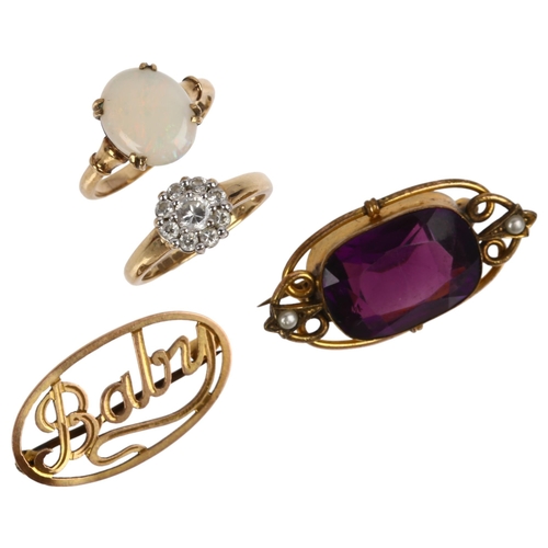 1377 - Various jewellery, including 9ct gold opal ring, 9ct baby brooch, etc, both ring sizes L, 12.3g gros... 