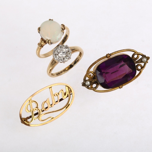 1377 - Various jewellery, including 9ct gold opal ring, 9ct baby brooch, etc, both ring sizes L, 12.3g gros... 