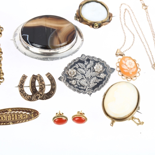 1378 - Various jewellery, including pair of Italian 18ct coral earrings, large banded agate brooch, Victori... 