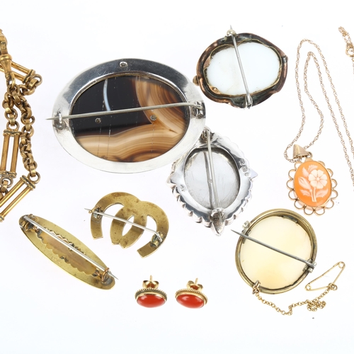 1378 - Various jewellery, including pair of Italian 18ct coral earrings, large banded agate brooch, Victori... 