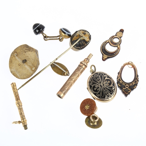 1379 - Various Antique jewellery, including tortoiseshell earring parts, mourning locket, shell cameo etc