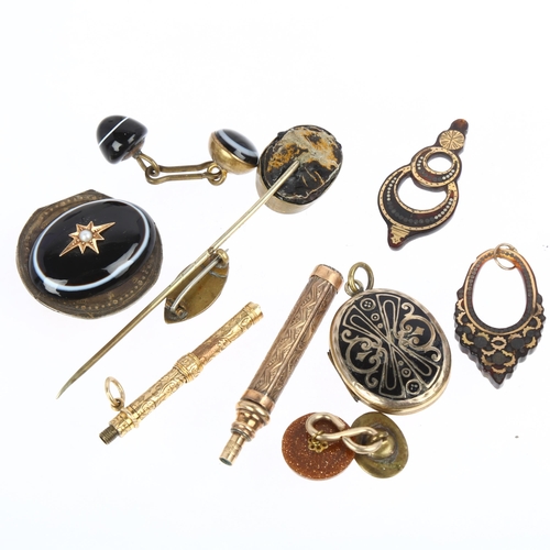 1379 - Various Antique jewellery, including tortoiseshell earring parts, mourning locket, shell cameo etc