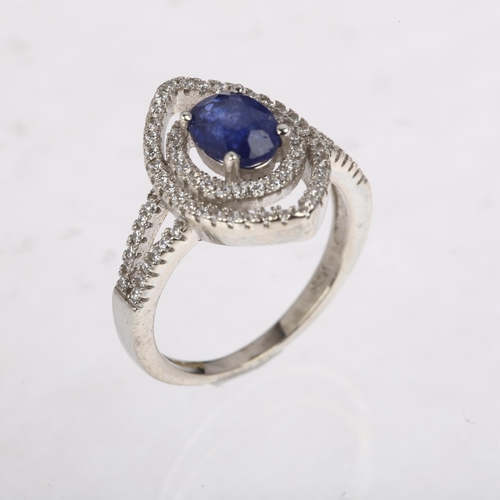 1386 - A modern sterling silver sapphire and cubic zirconia marquise openwork ring, setting height 16.1mm, ... 