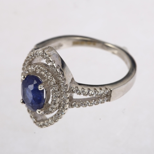 1386 - A modern sterling silver sapphire and cubic zirconia marquise openwork ring, setting height 16.1mm, ... 