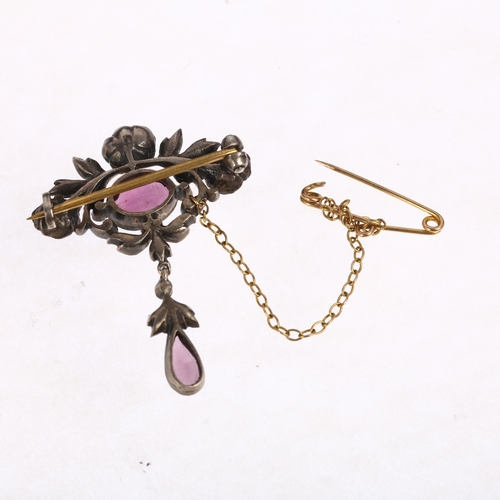 1389 - An Art Nouveau French silver and paste floral drop brooch, 35.7mm, 6.2g