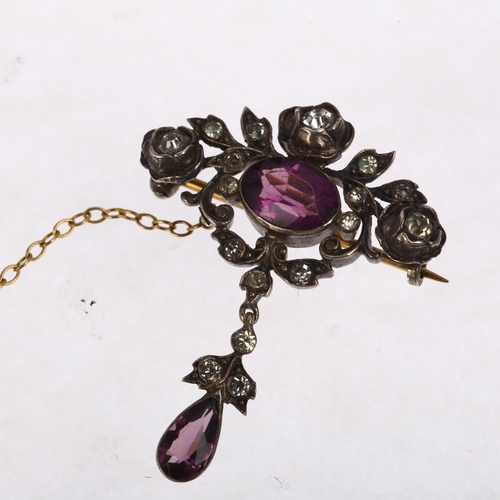 1389 - An Art Nouveau French silver and paste floral drop brooch, 35.7mm, 6.2g