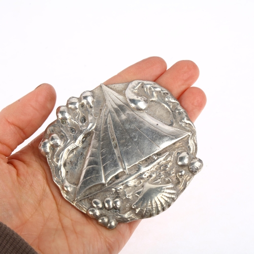 1400 - HC OSTREM A/S - a large Norwegian silver sailing yacht brooch, maker's mark OXO, relief embossed dec... 