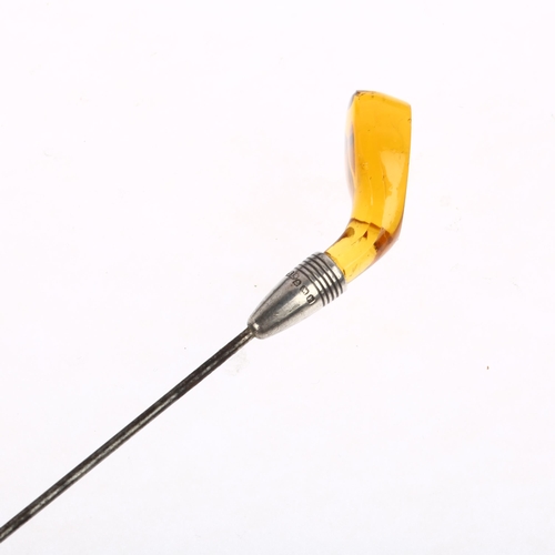 1401 - An Edwardian novelty silver-mounted amber Sunday stick golf club hat pin, Arthur Barnett & Co Ltd, B... 