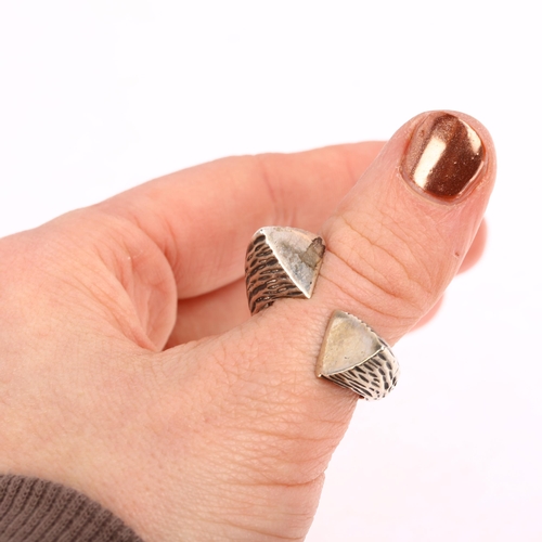 1402 - A large sterling silver bark torque ring, maker CD, Sheffield 1971, setting height 9.9mm, size Q, 15... 