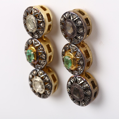 1405 - A pair of Indian silver-gilt emerald and diamond drop earrings, with stud fittings, 37.8mm, 19.6g