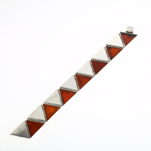 1419 - A Polish modernist sterling silver and Baltic amber geometric triangular panel bracelet, maker JZ, G... 