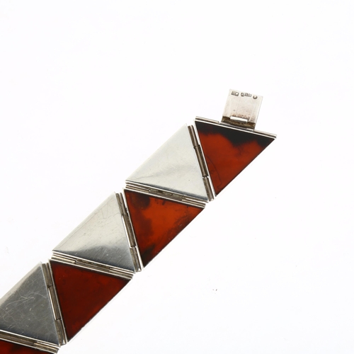 1419 - A Polish modernist sterling silver and Baltic amber geometric triangular panel bracelet, maker JZ, G... 