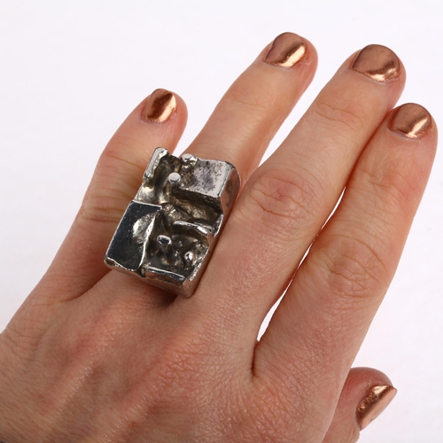 1420 - NIELSEN - a Danish brutalist silver plated abstract ring, setting height 28.8mm, size R, 24.8g