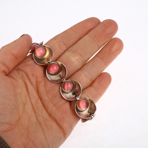 1425 - HERMANN SIERSBOL - a Danish modernist sterling silver pink moonstone concave disc panel bracelet, 18... 