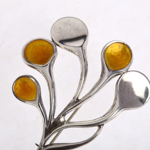 1437 - JUST ANDERSEN - a Danish modernist sterling silver and yellow enamel mistletoe brooch, 50.9mm, 11.7g