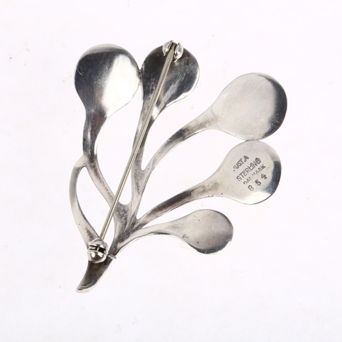 1437 - JUST ANDERSEN - a Danish modernist sterling silver and yellow enamel mistletoe brooch, 50.9mm, 11.7g