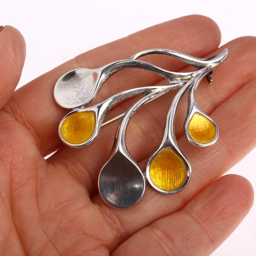 1437 - JUST ANDERSEN - a Danish modernist sterling silver and yellow enamel mistletoe brooch, 50.9mm, 11.7g