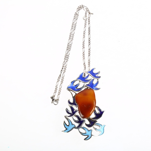 1438 - HELGA EXNER - a large Danish modernist sterling silver pressed amber and enamel bird pendant necklac... 