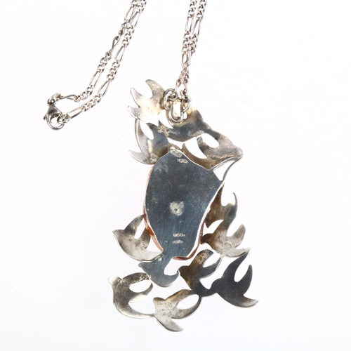 1438 - HELGA EXNER - a large Danish modernist sterling silver pressed amber and enamel bird pendant necklac... 