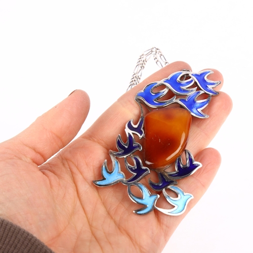 1438 - HELGA EXNER - a large Danish modernist sterling silver pressed amber and enamel bird pendant necklac... 