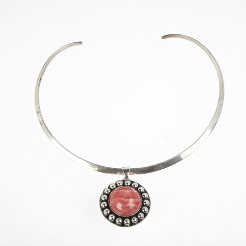 1449 - NIELS ERIK FROM - a Danish modernist sterling silver and rhodochrosite flowerhead pendant necklace, ... 