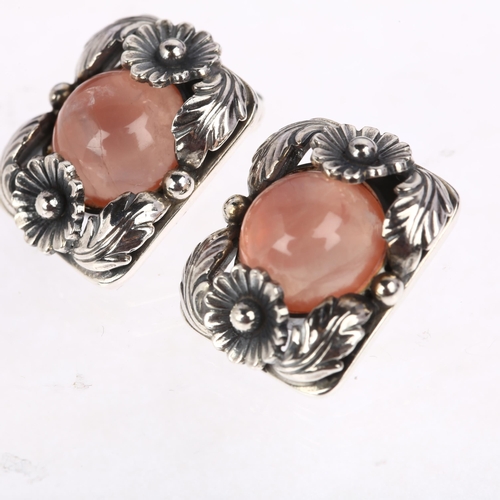 1450 - NIELS ERIK FROM - a pair of Danish Art Nouveau sterling silver and rose quartz floral clip-on earrin... 