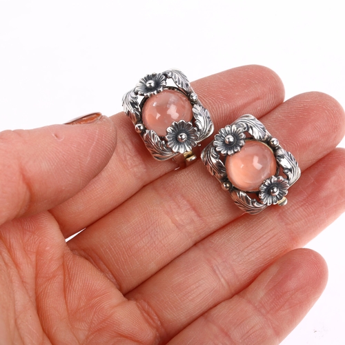 1450 - NIELS ERIK FROM - a pair of Danish Art Nouveau sterling silver and rose quartz floral clip-on earrin... 