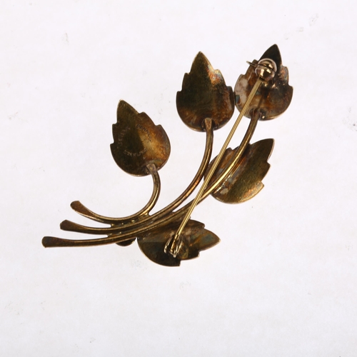 1454 - JEMAX - a Danish modernist sterling silver-gilt white enamel leaf brooch, 60.4mm, 8.9g