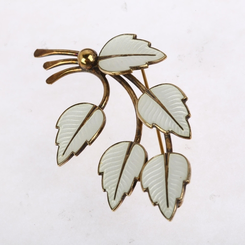 1454 - JEMAX - a Danish modernist sterling silver-gilt white enamel leaf brooch, 60.4mm, 8.9g