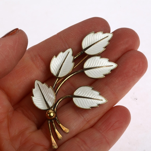 1454 - JEMAX - a Danish modernist sterling silver-gilt white enamel leaf brooch, 60.4mm, 8.9g