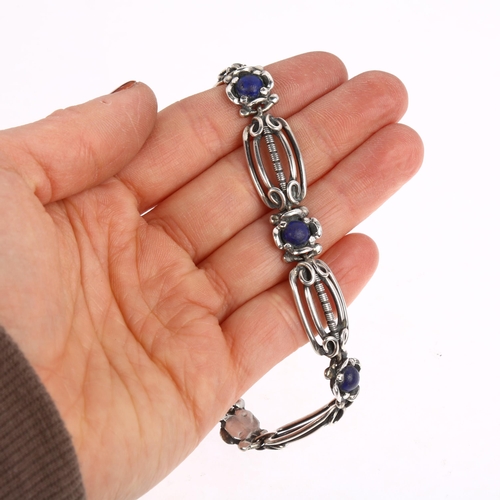 1456 - L BERTH - an Art Deco Danish silver and lapis lazuli panel bracelet, 18.5cm, 22.7g