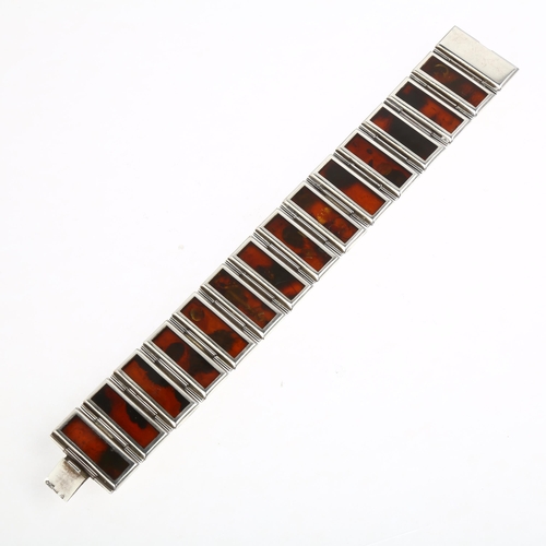 1460 - A late 20th century Polish sterling silver and Baltic amber panel bracelet, maker JZ, Gdansk, 20cm, ... 