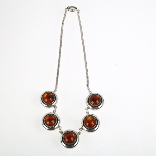 1461 - NIELS ERIK FROM - a Danish modernist sterling silver and amber panel necklace, on integral snake lin... 