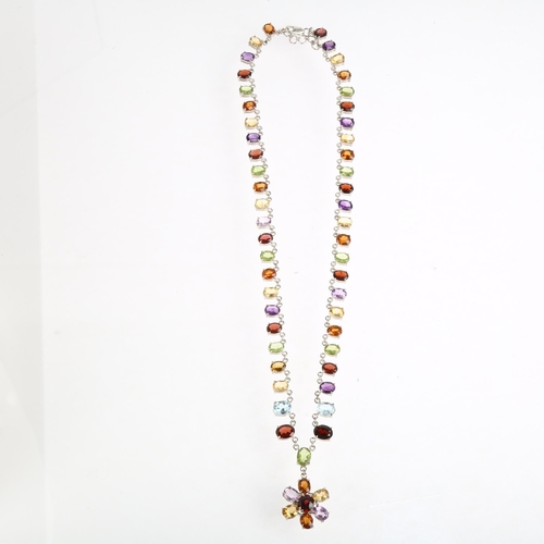 1464 - A modern sterling silver gem set flowerhead pendant necklace, gemstones include garnet amethyst citr... 