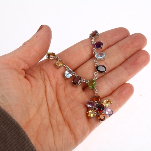 1464 - A modern sterling silver gem set flowerhead pendant necklace, gemstones include garnet amethyst citr... 