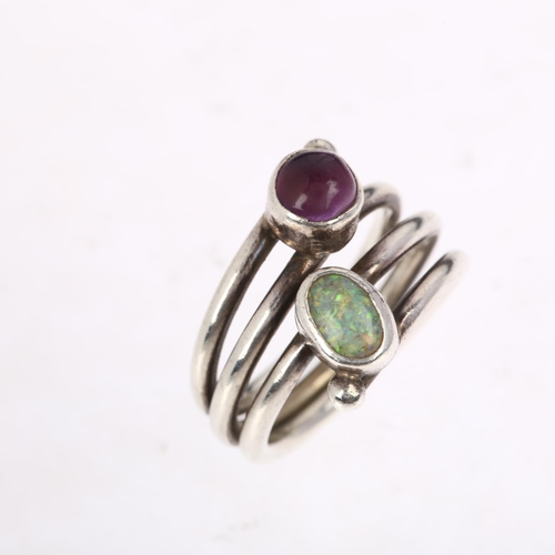 1481 - A mid-20th century Danish modernist amethyst and composite opal spiral ring, unmarked white metal se... 