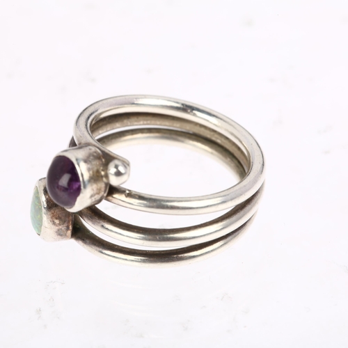 1481 - A mid-20th century Danish modernist amethyst and composite opal spiral ring, unmarked white metal se... 