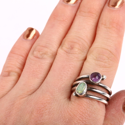 1481 - A mid-20th century Danish modernist amethyst and composite opal spiral ring, unmarked white metal se... 